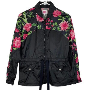 Juicy Couture Jacket Windbreaker Floral Womens Size Small Black Pink Long Sleeve